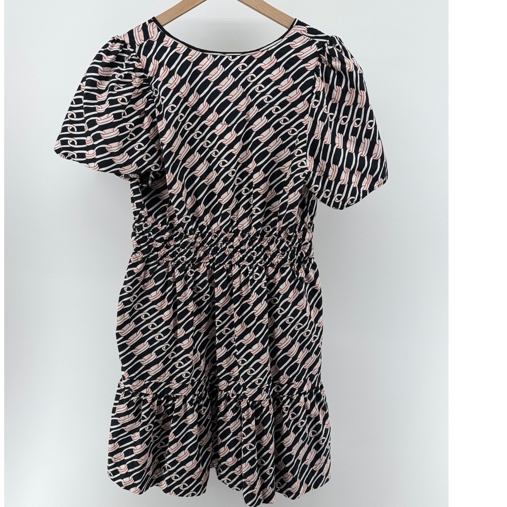 Anthropologie Somerset Mini Dress Women Large Black Chain Print Smocked Preppy - Picture 2 of 8